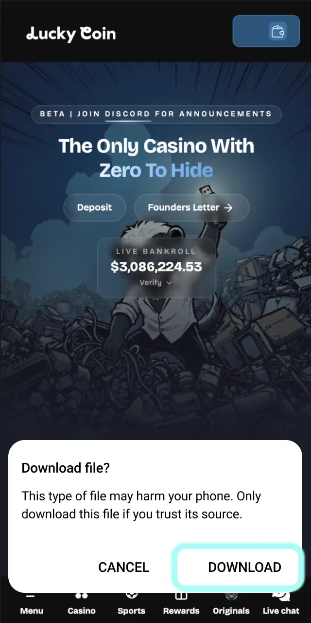 Confirm the Lucky Coin APK download by tapping OK or Download in the browser prompt.