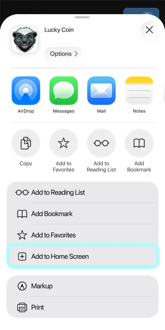 Select Add to Home Screen from share options to create the Lucky Coin shortcut on your iOS device.
