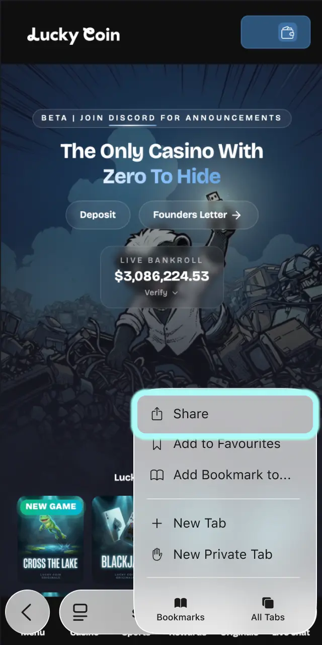 Tap the Share icon at the bottom of Safari to access options for adding Lucky Coin to home screen.