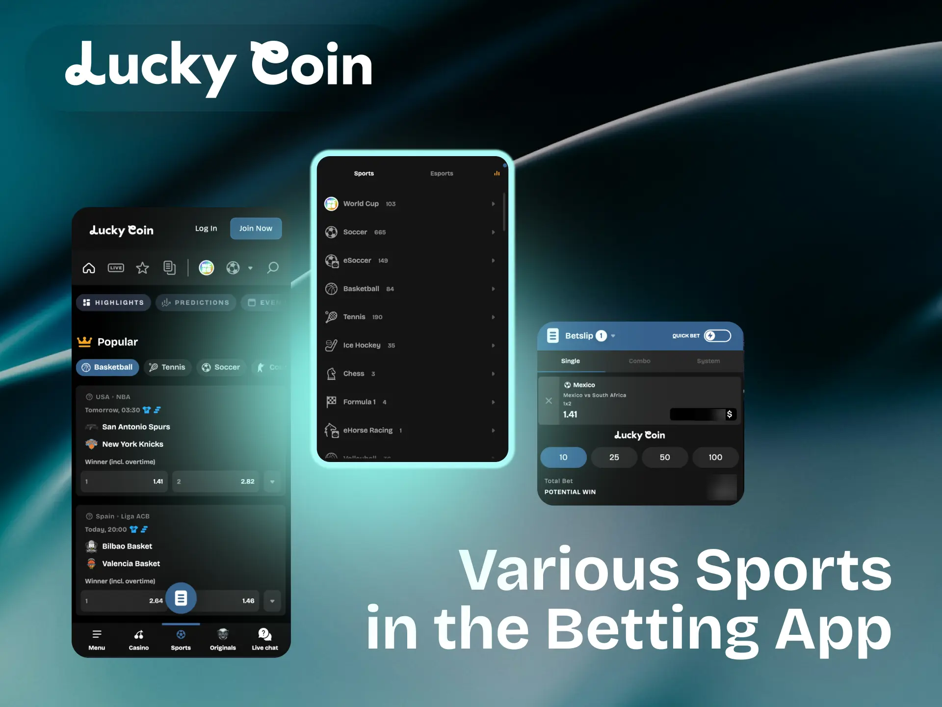 Various sports available in the Lucky Coin betting app for New Zealand players