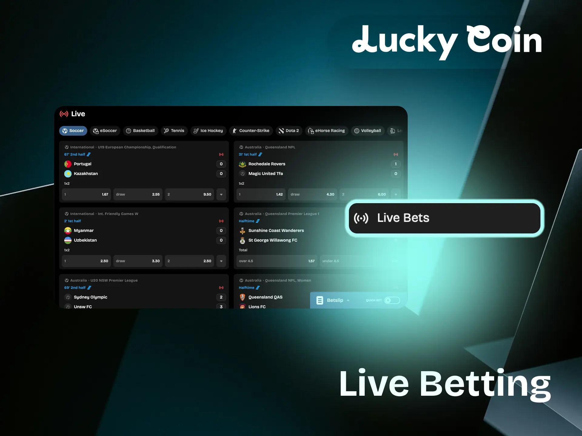 Live betting interface at Lucky Coin showing in-play markets and odds