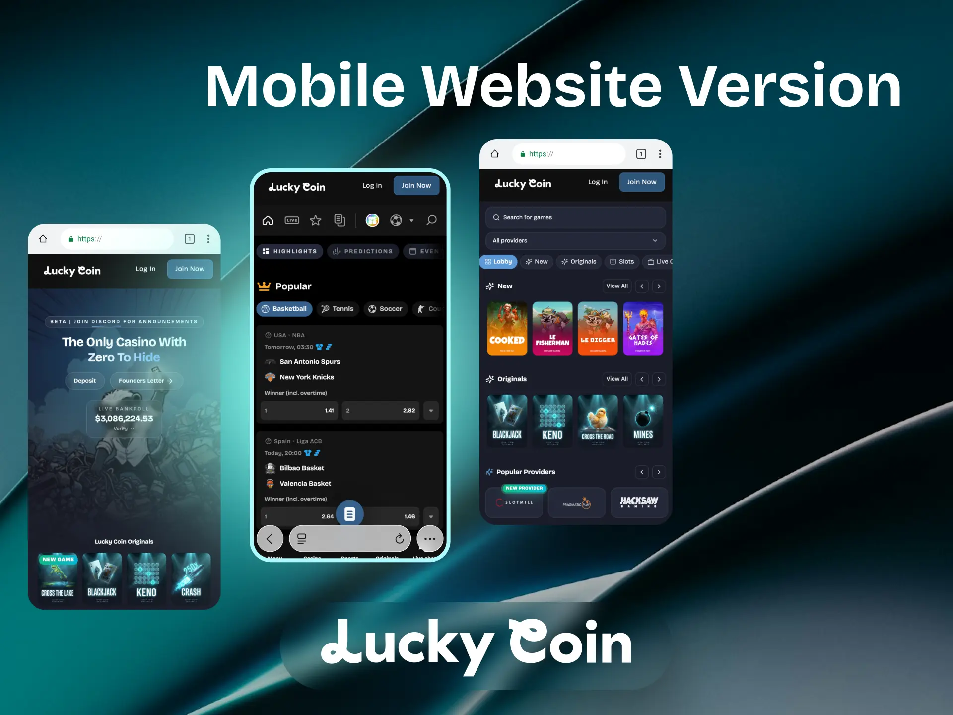 Lucky Coin mobile website interface on a smartphone