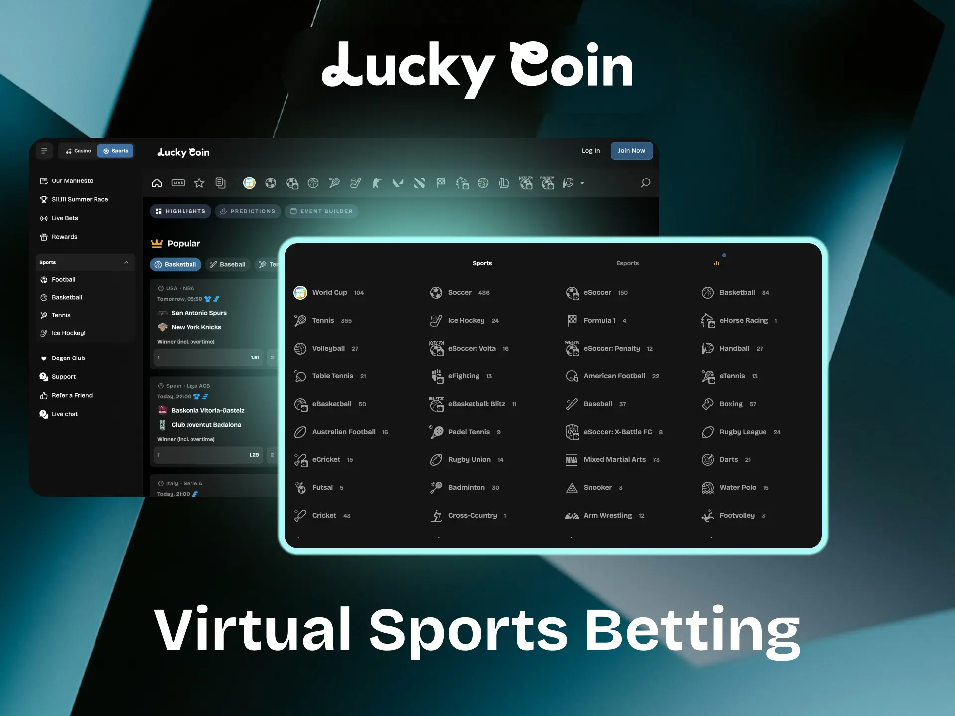 Virtual sports betting interface at Lucky Coin