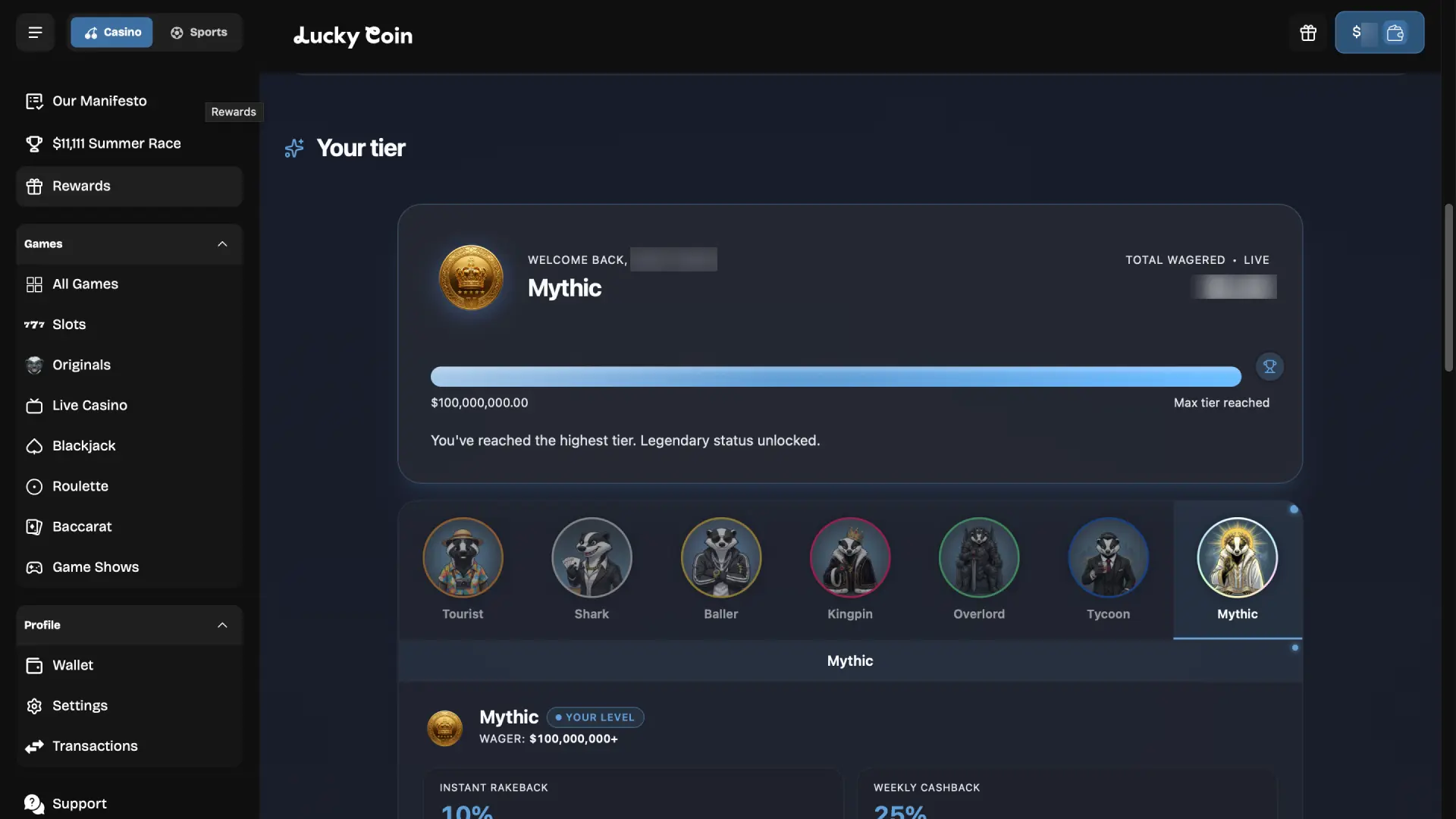Wager on casino games or sports markets to accumulate cashback and rakeback rates on Lucky Coin.