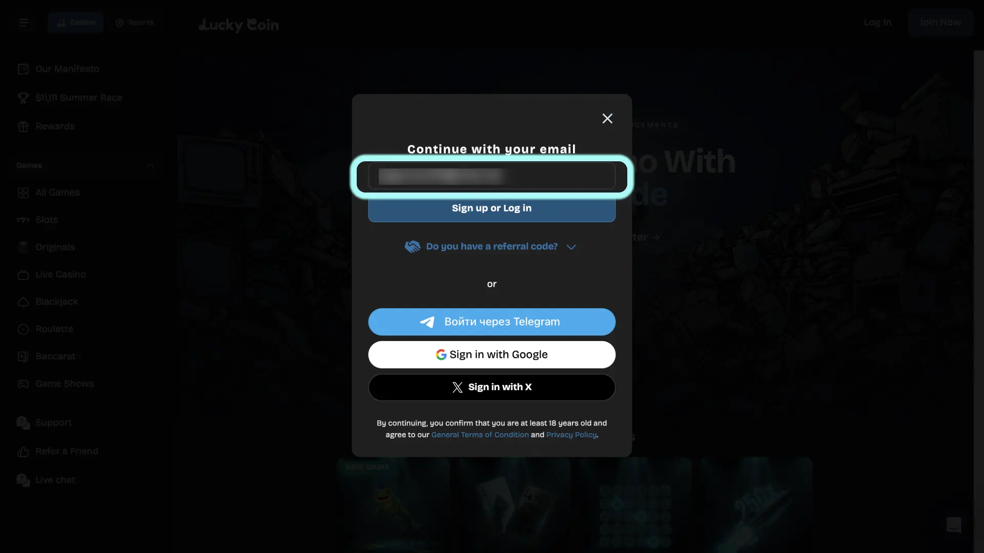 Provide your email, password, name, and country of residence New Zealand on Lucky Coin.