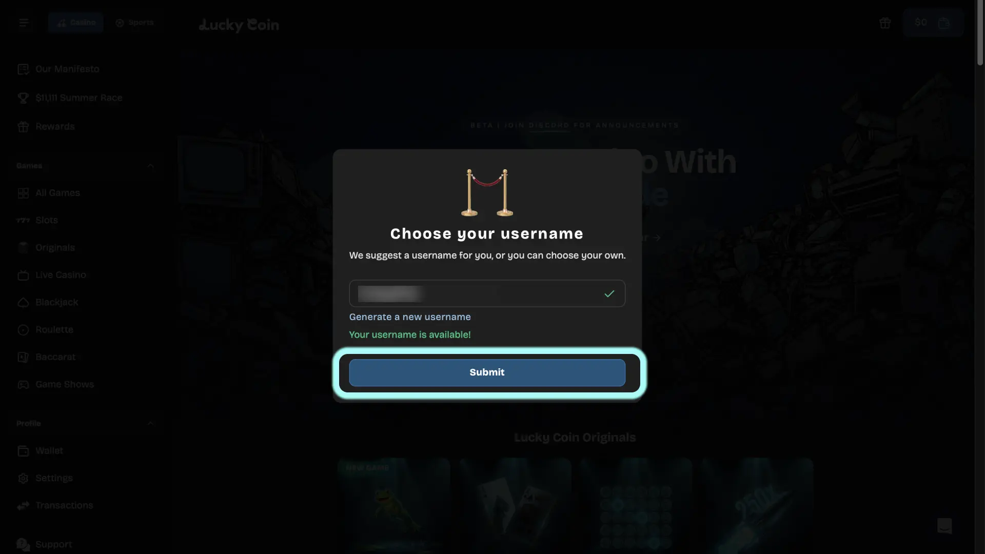 Log in and complete your Lucky Coin profile by adding personal details and preferred currency.