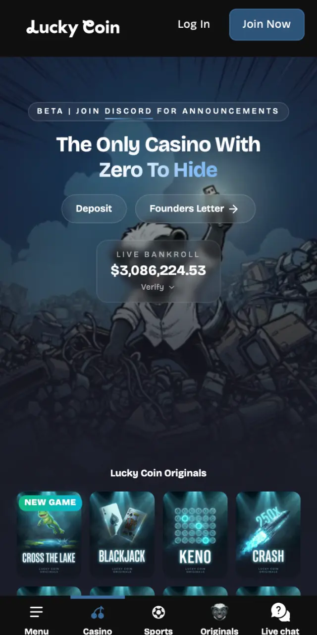 Home screen of Lucky Coin with access to sports betting, casino, and promotions.