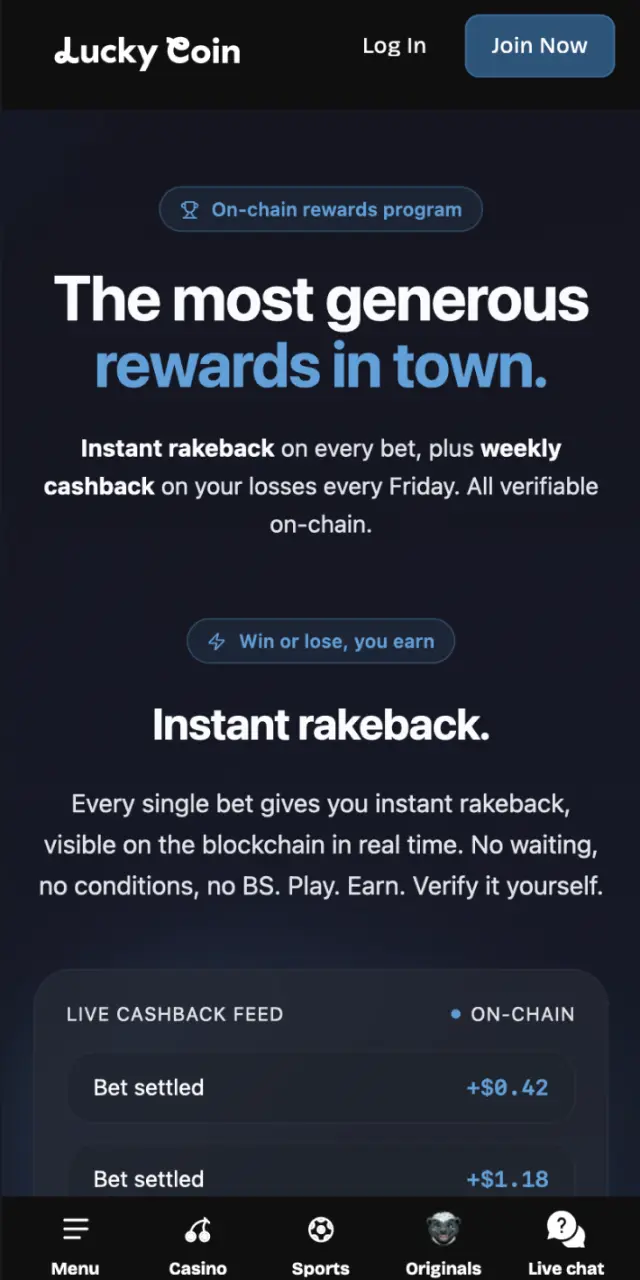 Promotions page of Lucky Coin featuring welcome bonuses, VIP rewards, and special offers.