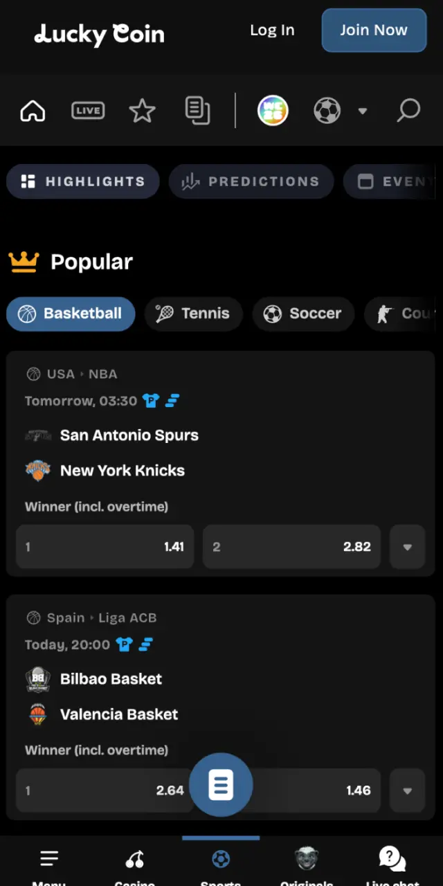 Sports betting interface of Lucky Coin showing live odds, rugby, cricket, and football.