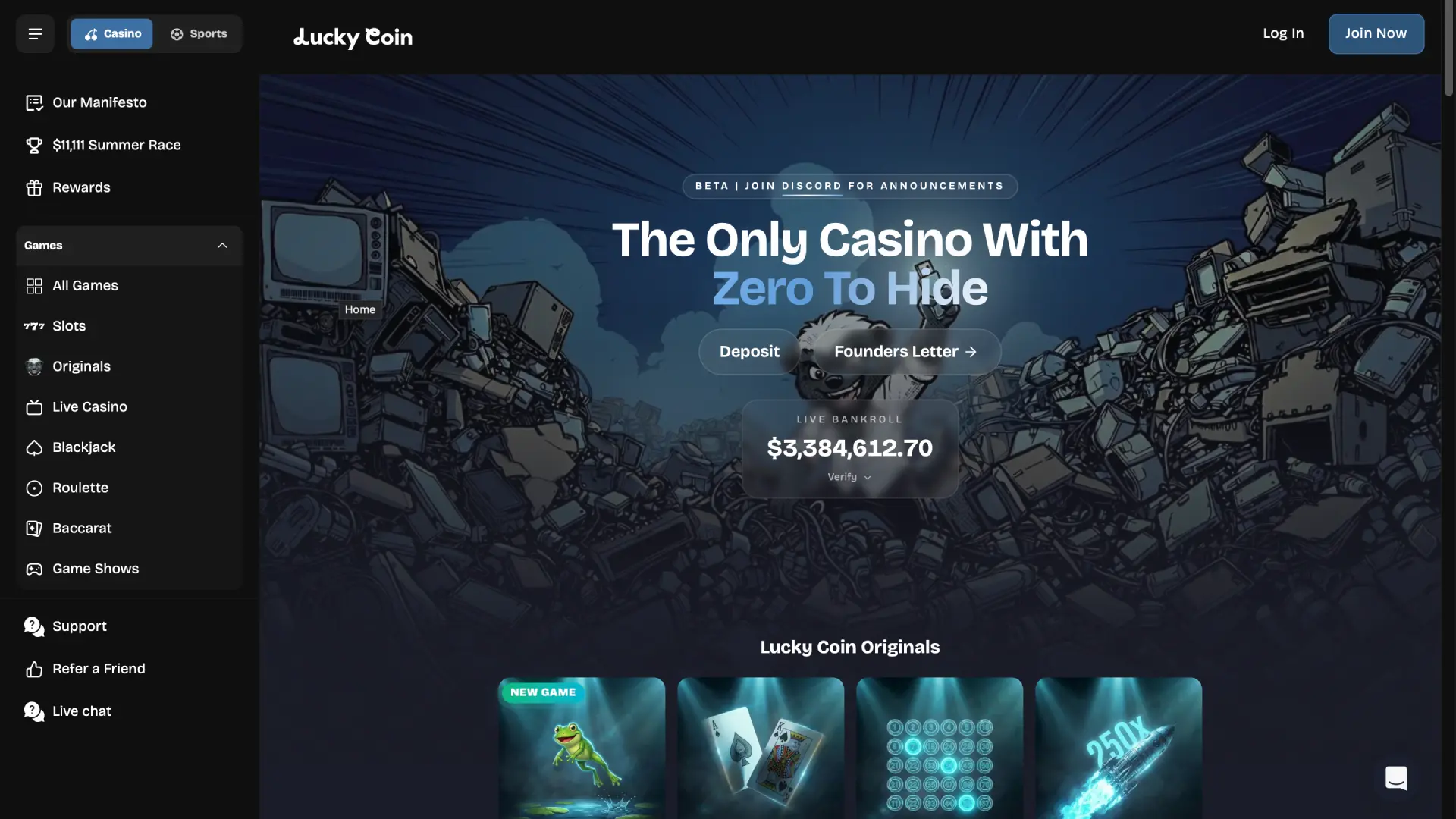 Home screen of Lucky Coin New Zealand with access to sports, casino, and promotions.
