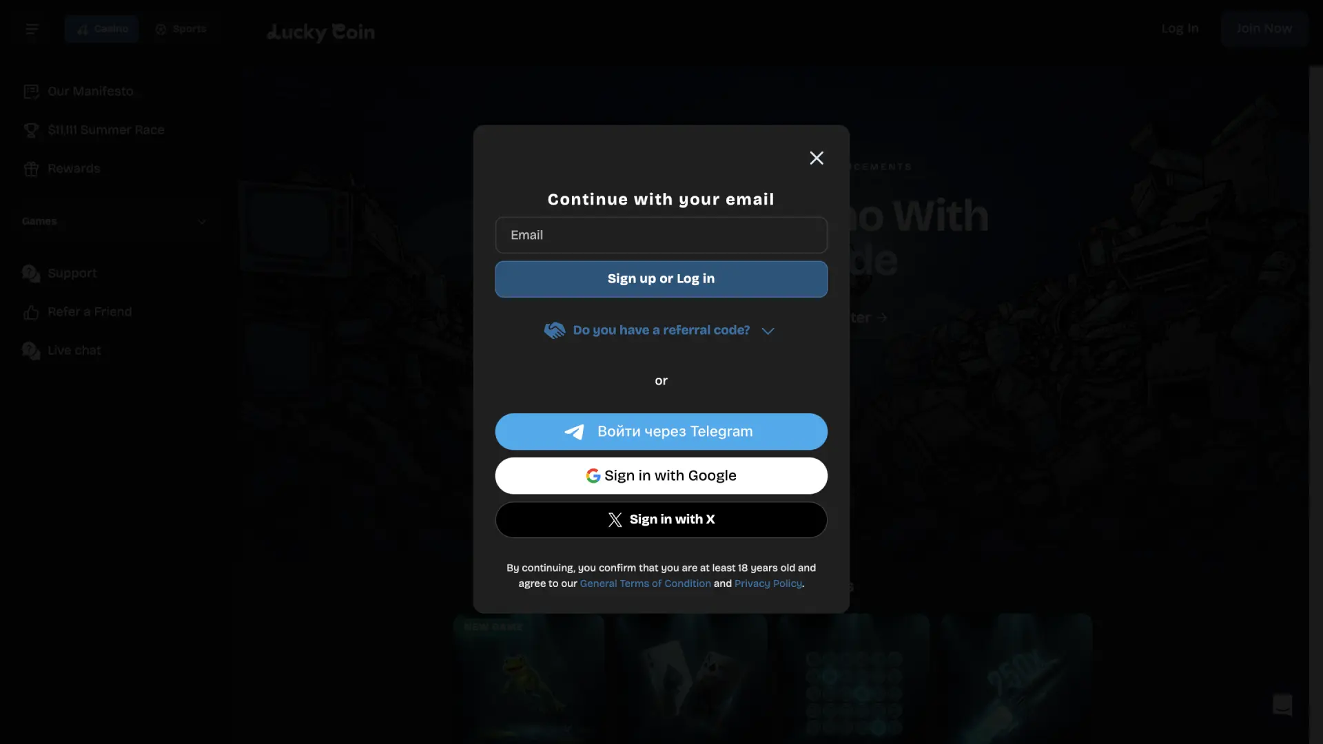 Registration form on Lucky Coin New Zealand for creating your new account.