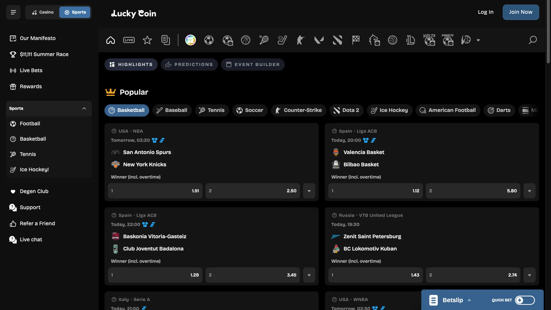 Sports betting interface of Lucky Coin NZ with live odds and upcoming matches.